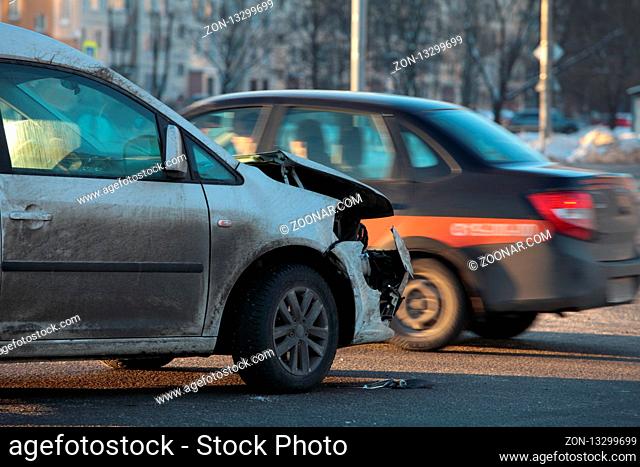 accident, broken car crossroads, winter