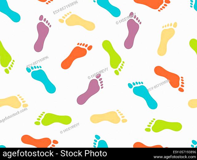 The prints of bare feet on white background. Seamless pattern. Bright color picture. Vector illustration