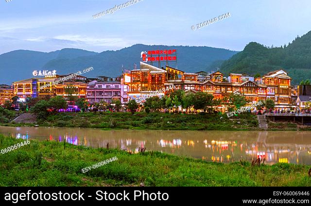 Wulingyuan, China - May 27, 2018: Town Wulingyuan at sunset in Tianzi Avatar mountains nature park