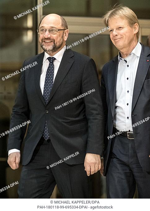 Martin Schulz, leader of the German Social Democratic Party, arrives together with Reiner Hoffmann, chairman of the DGB, to a press conference at the SPD...