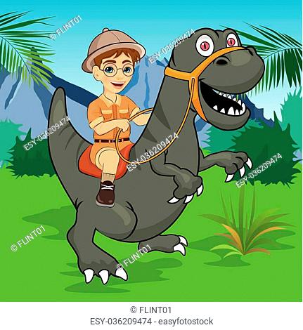Little boy explorer riding a dinosaur velociraptor in the jungle