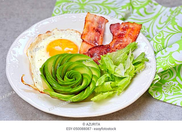 Fried Egg, Bacon and Avocado Rose. Low carb high fat breakfast