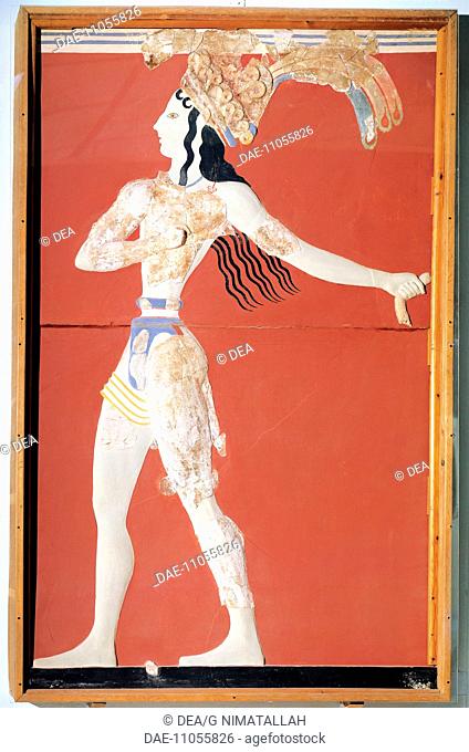 Minoan civilization, 16th century b.C. Fresco known as the 'Prince of the Lilies', from the Palace of Knossos, Crete, Greece
