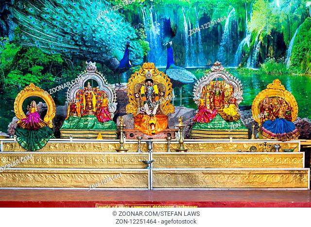 Statuettes in the Hindu temple in Matale in the Central Province of Sri Lanka. Shiva, Vishnu, Brahma are deities of the Hindu religion