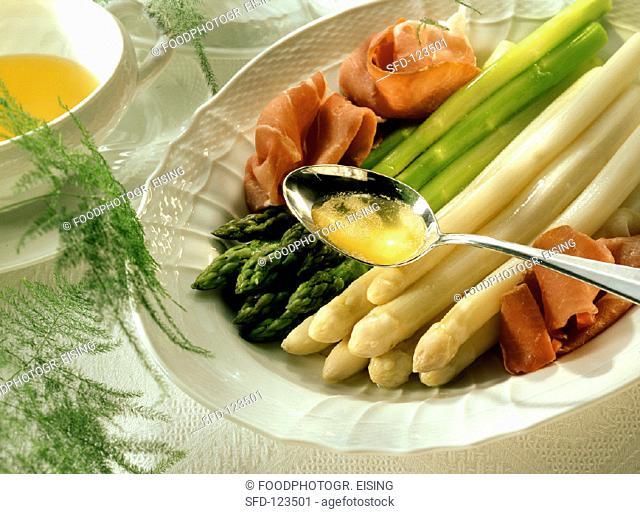 Green & white asparagus with ham and melted butter