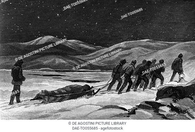 The members of the Adolphus Washington Greely's expedition performing the first funeral, June 20, 1884, engraving from Three years of Arctic service by Adolphus...