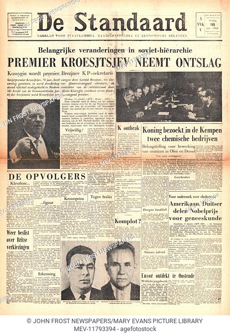 1964 De Standaard (Belgium) front page Nikita Khrushchev resigns