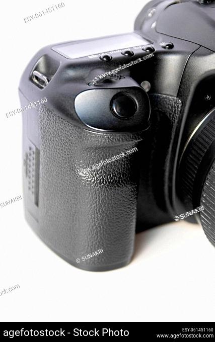 Professional dslr camera equipment with 70-300 mm tele zoom objective with wide camera lens in macro close-up view shows details of photographic equipment for...