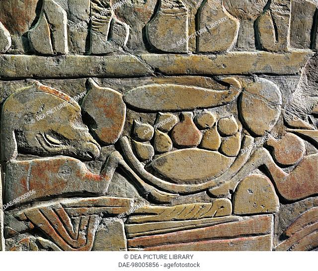 Egyptian civilization, New Kingdom, Dynasty XIX. Relief depicting food offerings for the deities. From Abydos  Paris, Musée Du Louvre
