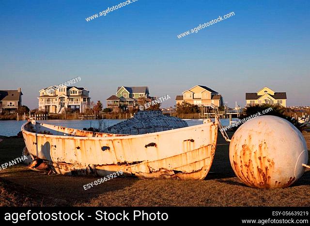 Old boat and houses at Nags Head, North Carolina