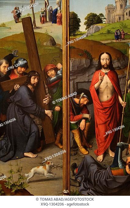 Christ Carrying the Cross, with the Crucifixion, The Resurrection, with the Pilgrims of Emmaus triptych wings, ca  1510, by Gerard David Netherlandish