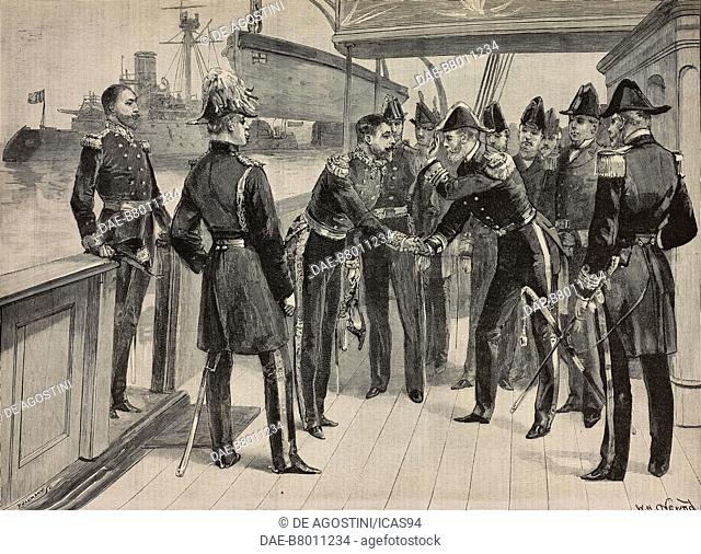 Admiral Lord Clanwilliam and Admiral Gervais meeting on board the Fire Queen, The French squadron at Spithead, United Kingdom