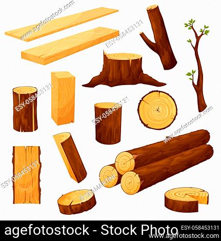 Cartoon timber. Wood log and trunk, stump and plank. Wooden firewood logs,  Stock Vector, Vector And Low Budget Royalty Free Image. Pic. ESY-057854153  | agefotostock