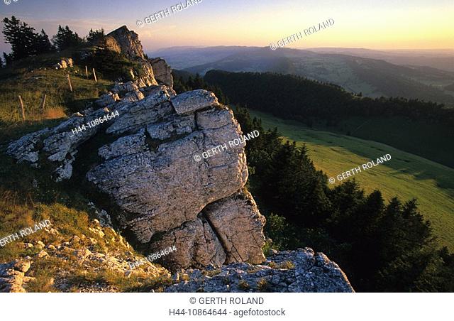 Chasseral, Switzerland, Canton of Bern, vantage point, rock, cliff, fence, summer, evening light, Landscape, scenery, nature, mountain, mountains, ridge