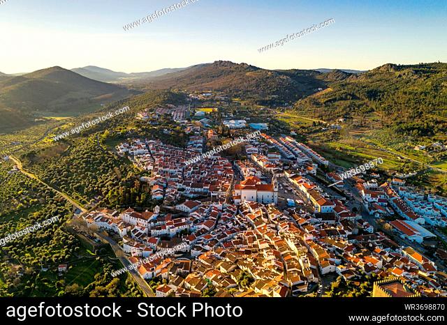 Castelo de Vide drone aerial view in Alentejo, Portugal from Serra de Sao Mamede mountains