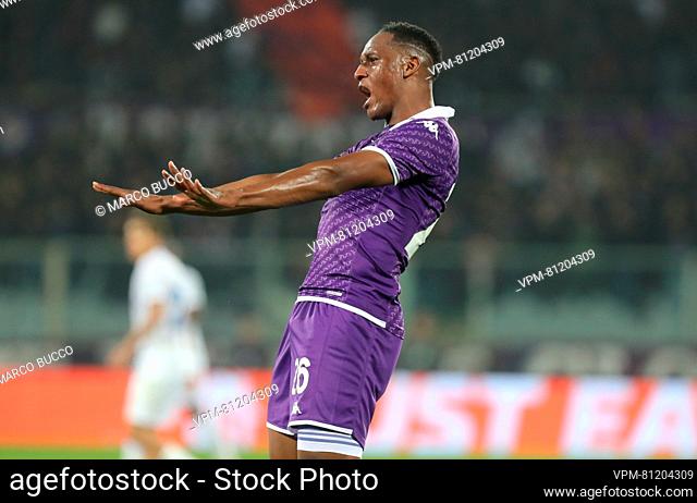 Fiorentina's Yerry Mina gestures during a soccer game between Italian ACF Fiorentina and Belgian KRC Genk, on day 5 of the group phase of the UEFA Conference...