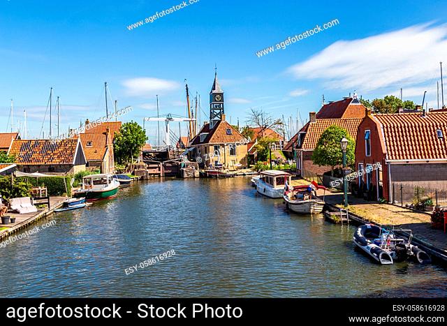 Hindeloopen, Friesland, Netherlands - August 5, 2020: Townscape of the picturesque fishing village Hindeloopen in Friesland in the Netherlands