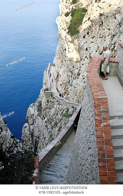 View over the escala del Cabirol, the staircase that leads to the Grotta di Nettuno, Capo Caccia, Alghero, Sardinia, Italy