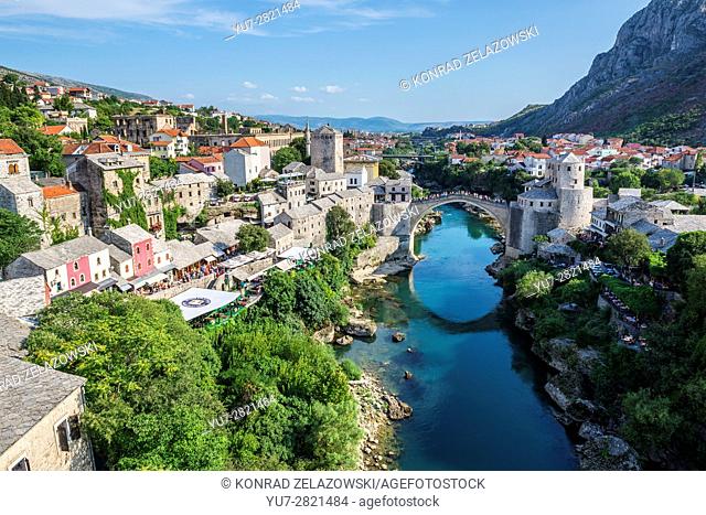 Aerial view on Mostar Old Town and most famous city landmark Stari Most (Old Bridge) over Neretva river, Bosnia and Herzegovina