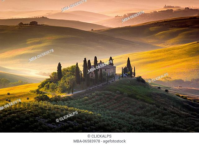 Tuscany, Val d'Orcia, Italy, Sunrise over the green and golden hills, with lonely farmhouse and cypress trees