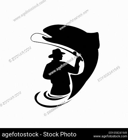 Illustration of an angler fly fisherman fishing casting rod and reel reeling trout viewed from rear set on isolated white background done in retro Black and...