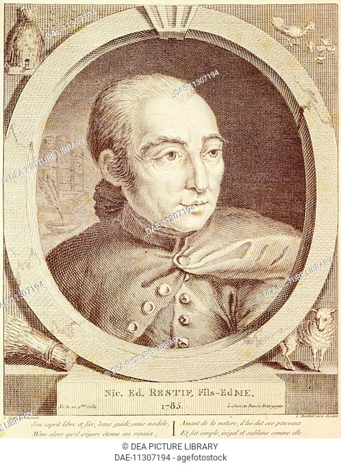 Portrait of Restif de la Bretonne, pseudonym of Nicolas-Edme Retif (Sacy, 1734-Paris, 1806), French writer. 1785 engraving by Louis Binet (1744-1800)