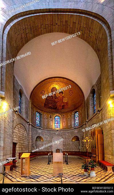 Jerusalem, Israel - October 13, 2017: Apse and main nave mosaic of Benedictine Dormition Abbey on Mount Zion, near Zion Gate outside walls of Jerusalem Old City
