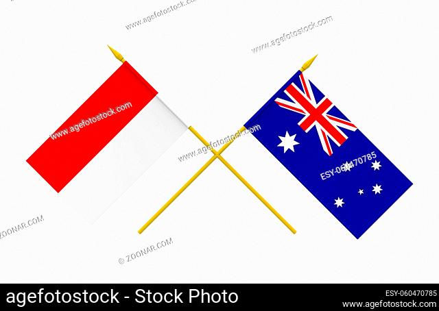 Flags of Australia and Indonesia, 3d render, isolated
