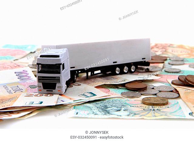 white truck and czech money isolated on the white background