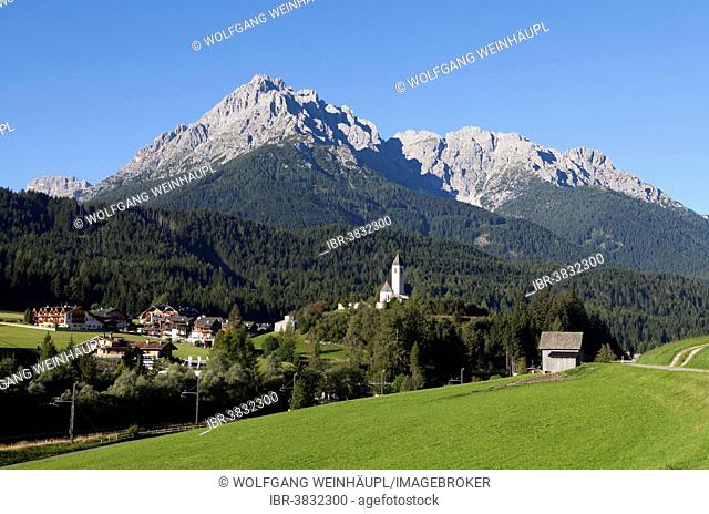 Townscape of Vierschach with the Parish Church of St. Magdalena, Puster Valley, Sexten Dolomites, South Tyrol, Italy