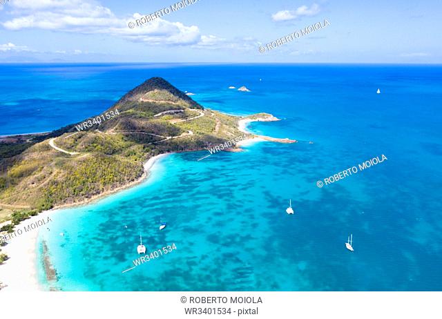 Aerial view by drone of Hermitage Bay and Pearns Point, Antigua, Antigua and Barbuda, Leeward Islands, West Indies, Caribbean, Central America