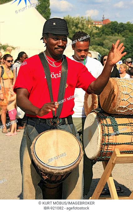 African drummers with Djembe drum, 11th African-Caribbean-Festival 2008, Aschaffenburg, Bavaria, Germany, Europe