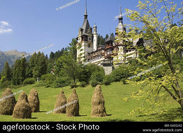 Haystack in front of Peles Castle, Sinaia, Wallachia, Carpathians, Romania, Haystack, Europe