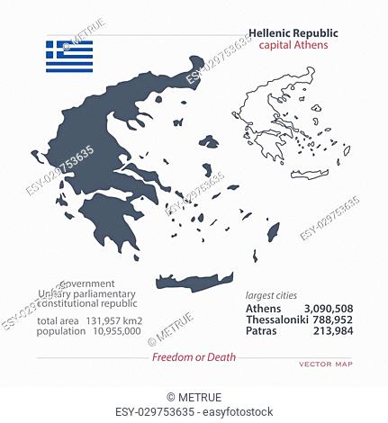 Hellenic Republic isolated maps and official flag icon. vector Greece political map icons with general information. European country geographic banner template
