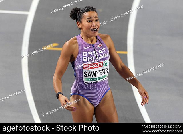 05 March 2023, Turkey, Istanbul: Athletics/Hall: Long Jump, Women's Final. Gold medalist Jazmin Sawyers from England cheers after her jump to victory