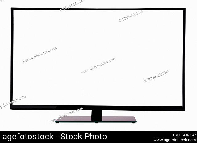 modern slim plasma TV on black glass stand isolated on a white background, is deployed to the viewer