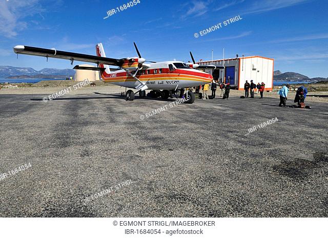 Inuit Air Twinotter plane on a small airstrip, Torngat Mountains National Park, Newfoundland and Labrador, Canada, North America