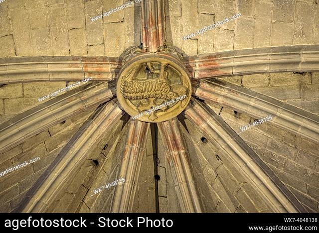 Key of a vault inside the basilica of Sant Feliu in Girona (Catalonia, Spain)
