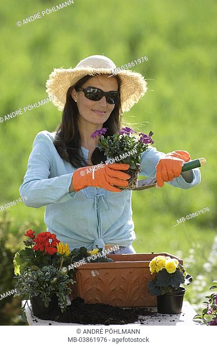 Woman, straw hat, sun glass, gardening, flower-boxes, flowers, plants, smiles, 30-40 years, long-haired, brunette, hat, glasses, plants, flowerpots, Terrakotta