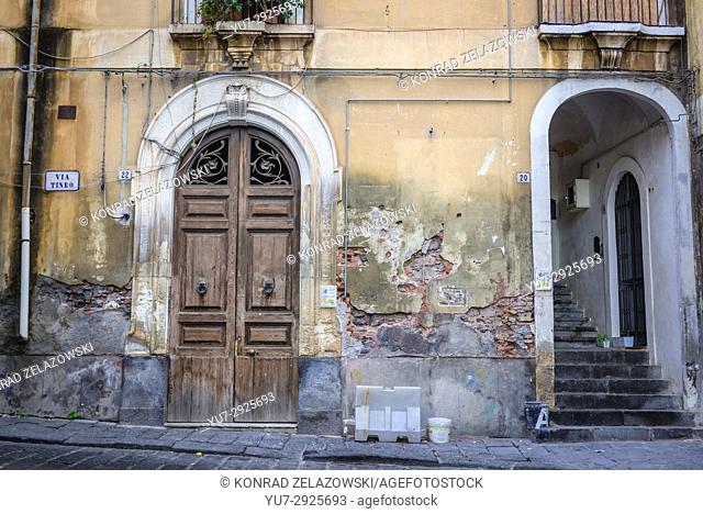 Old town house on Tineo Street in Catania city on the east side of Sicily Island, Italy
