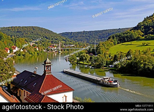 Town hall, Neckar, cargo ship, view from Zwingenberg Castle, Zwingenberg, Baden-Wuerttemberg, Germany