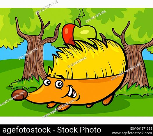 Cartoon illustration of funny hedgehog animal character with apple