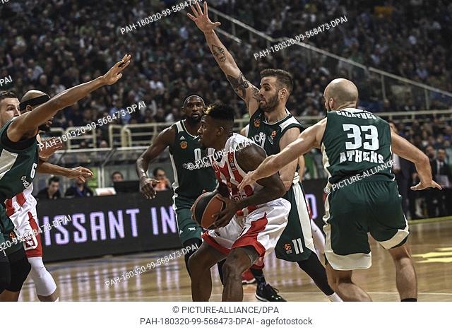 20 March 2018, Greece, Athens: Basketball, Euroleague, Panathinaikos Athens vs Red Star Belgrade: Dylan Ennis (c) of Belgrade in action