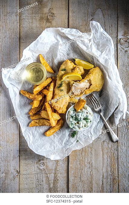 Fish and chips with tartare sauce and lemon