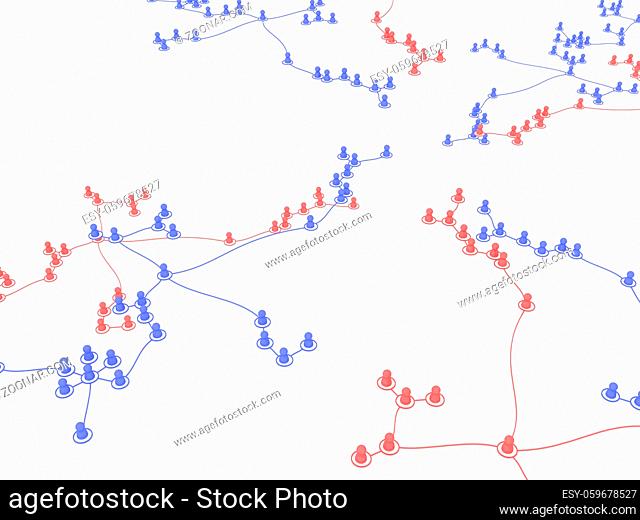 Crowd of small symbolic 3d figures linked by lines, systems crossing, isolated