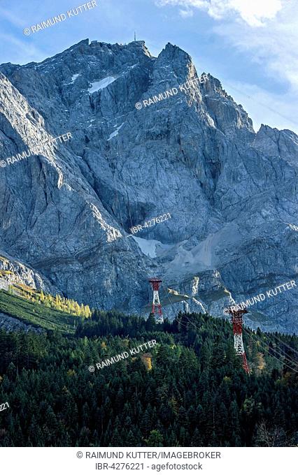 Zugspitze summit, Eibsee cable car below, Grainau, Wetterstein mountains, Werdenfelser Land, Upper Bavaria, Bavaria, Germany