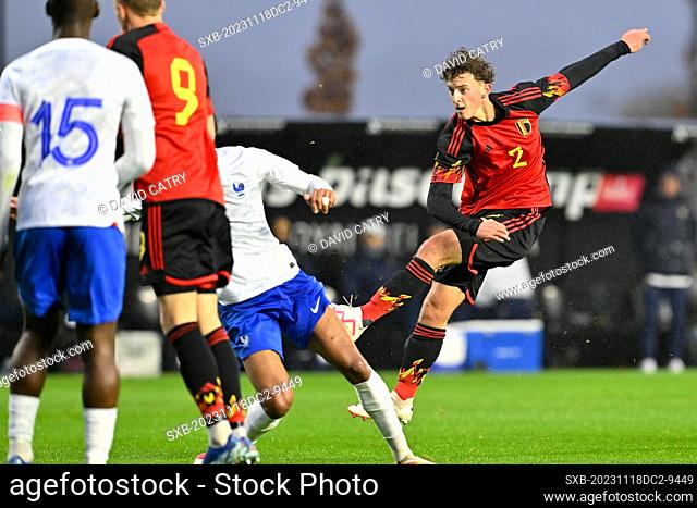 Gilles De Meyer (2) of Belgium pictured during a friendly soccer game between the national under 20 teams of Belgium and France on Saturday 18 November 2023 in...