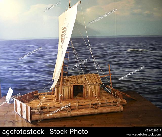 Güímar, Tenerife, Comunidad Autonoma des Canarias, Spain. Güímar Pyramids Museum. Model of a pre-inca style balsa wood raft named Kon-Tiki