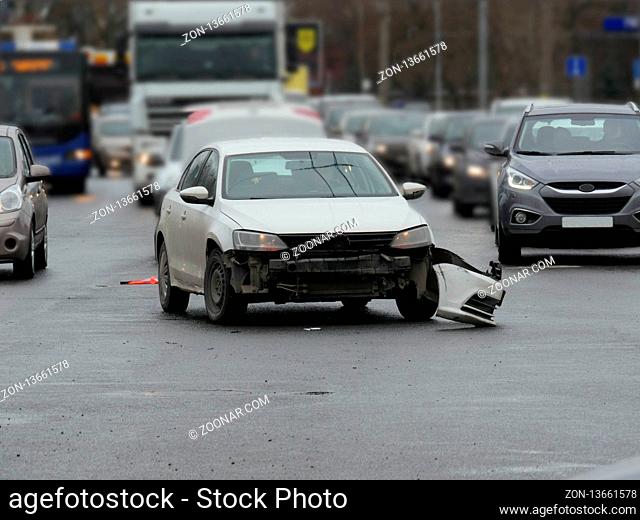 St. Petersburg, Russia April 3, 2019 Accident on a busy intersection, movement cars on the lanes front view