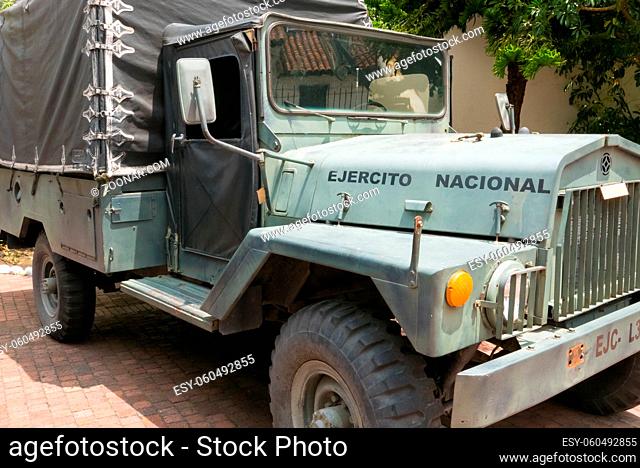 Bogota, Colombia March 6 Army jeep used in thousands of military missions in the 80s exhibited in Bogota military museum in the historic center of the city
